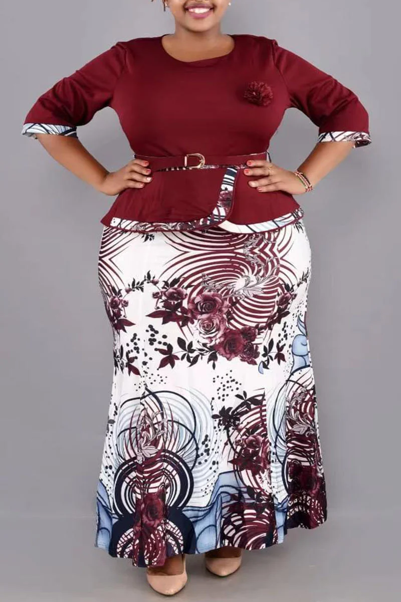 Burgundy Casual Work Elegant Floral Patchwork Slit Contrast O Neck Wrapped Skirt Plus Size Two Pieces(With Belt)