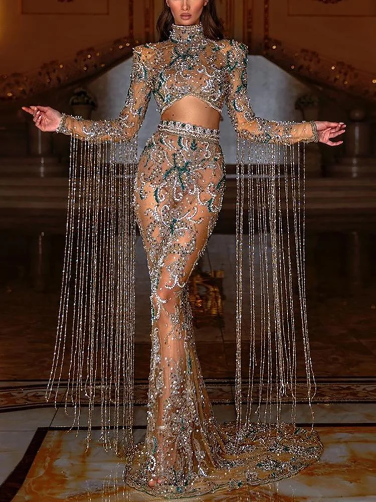 Gorgeous decoration tassel stand collar crop top with mopping length skirt set