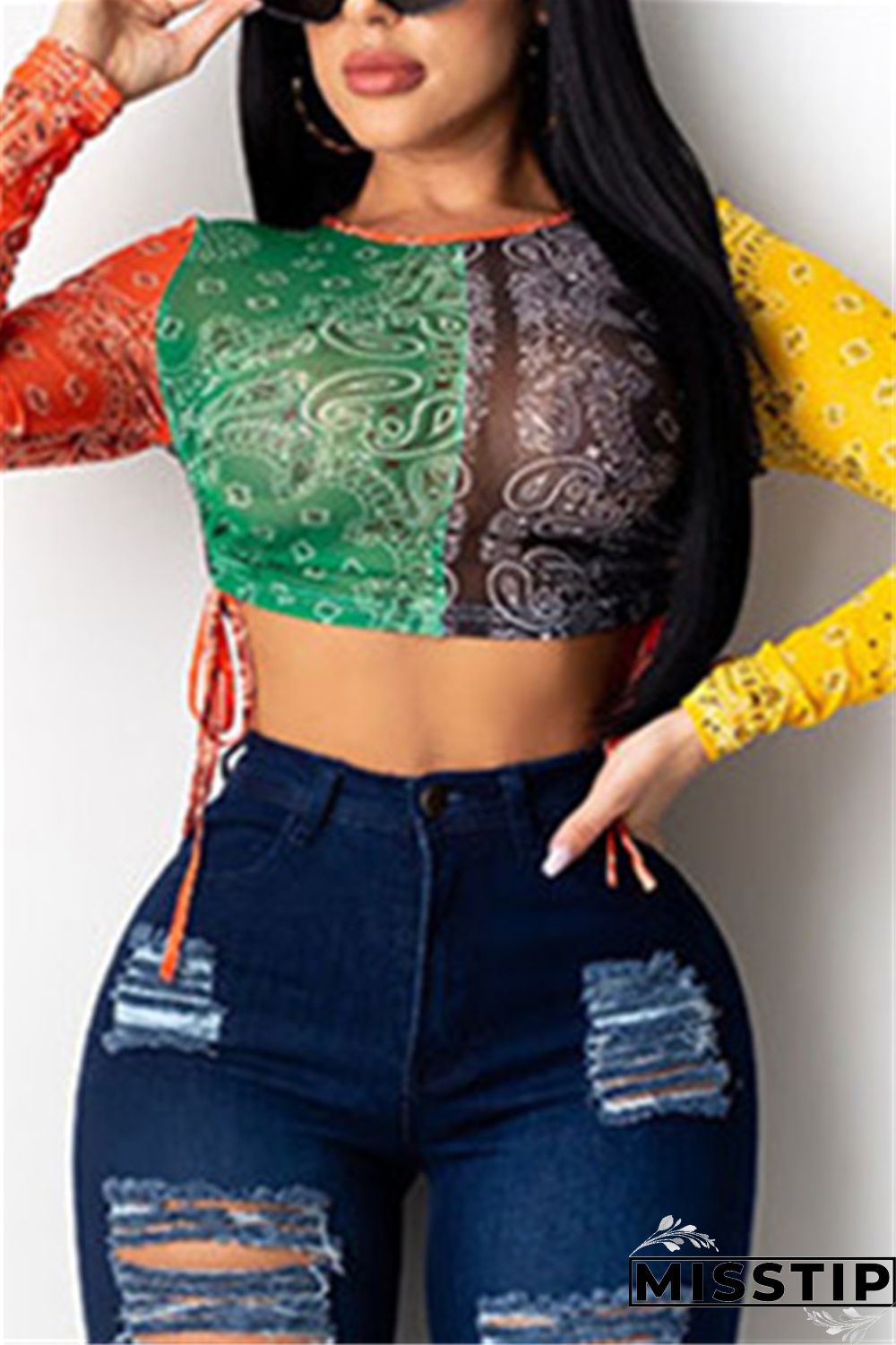 Colorful Fashion Sexy O Neck Long Sleeve Regular Sleeve Short Print Tops