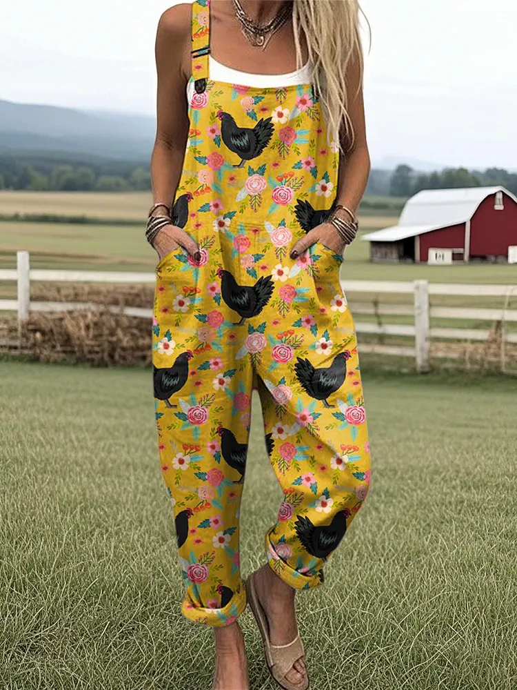 Women's Farm Chicken Print Casual Wide Leg Jumpsuit
