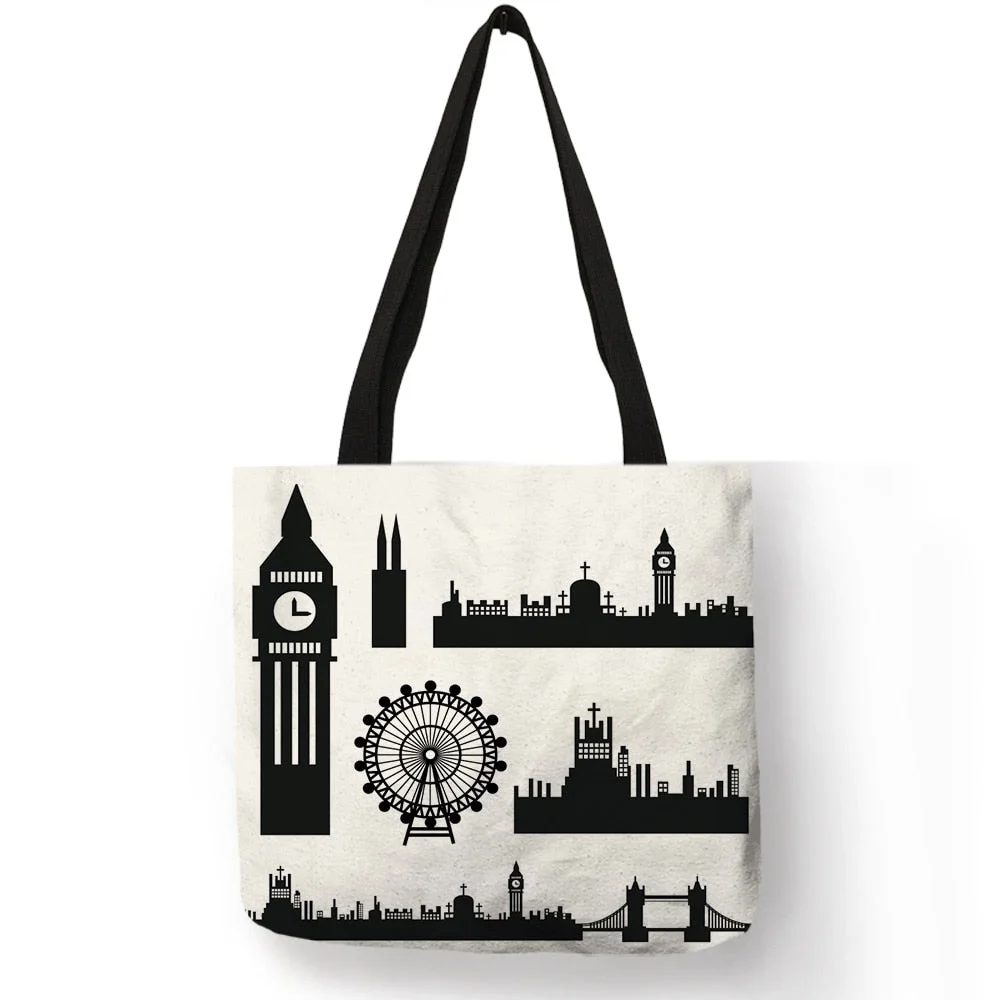 Large Capacity Female Single Shoulder Bag London Famous Landscape Pattern Linen Handbags Casual Foldbable Tote Shopping Bags