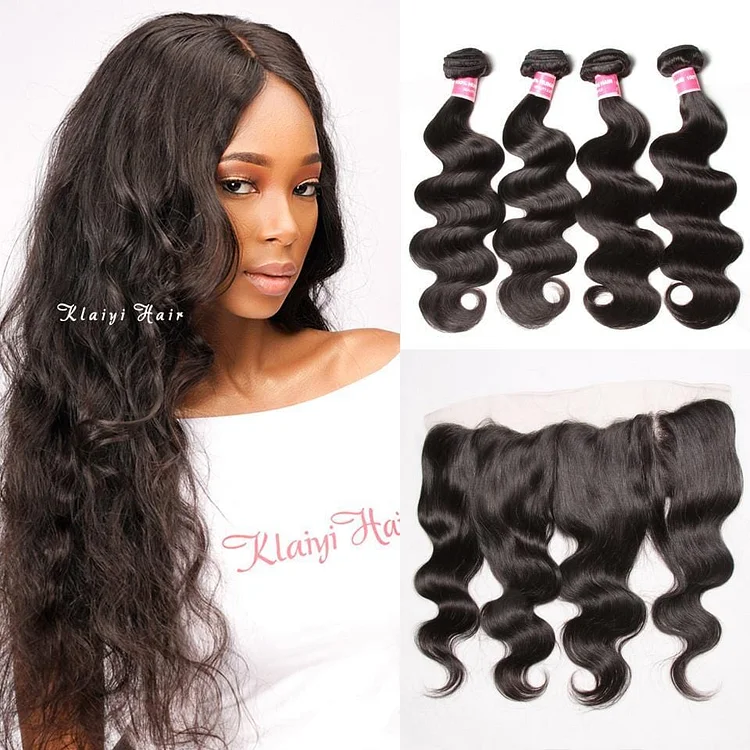 Brazilian Body Wave Virgin Hair 4 Bundles with Frontal Closure Natural Color