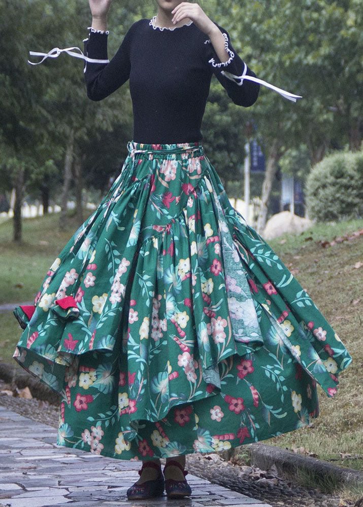 French Green Asymmetrical Print Skirt