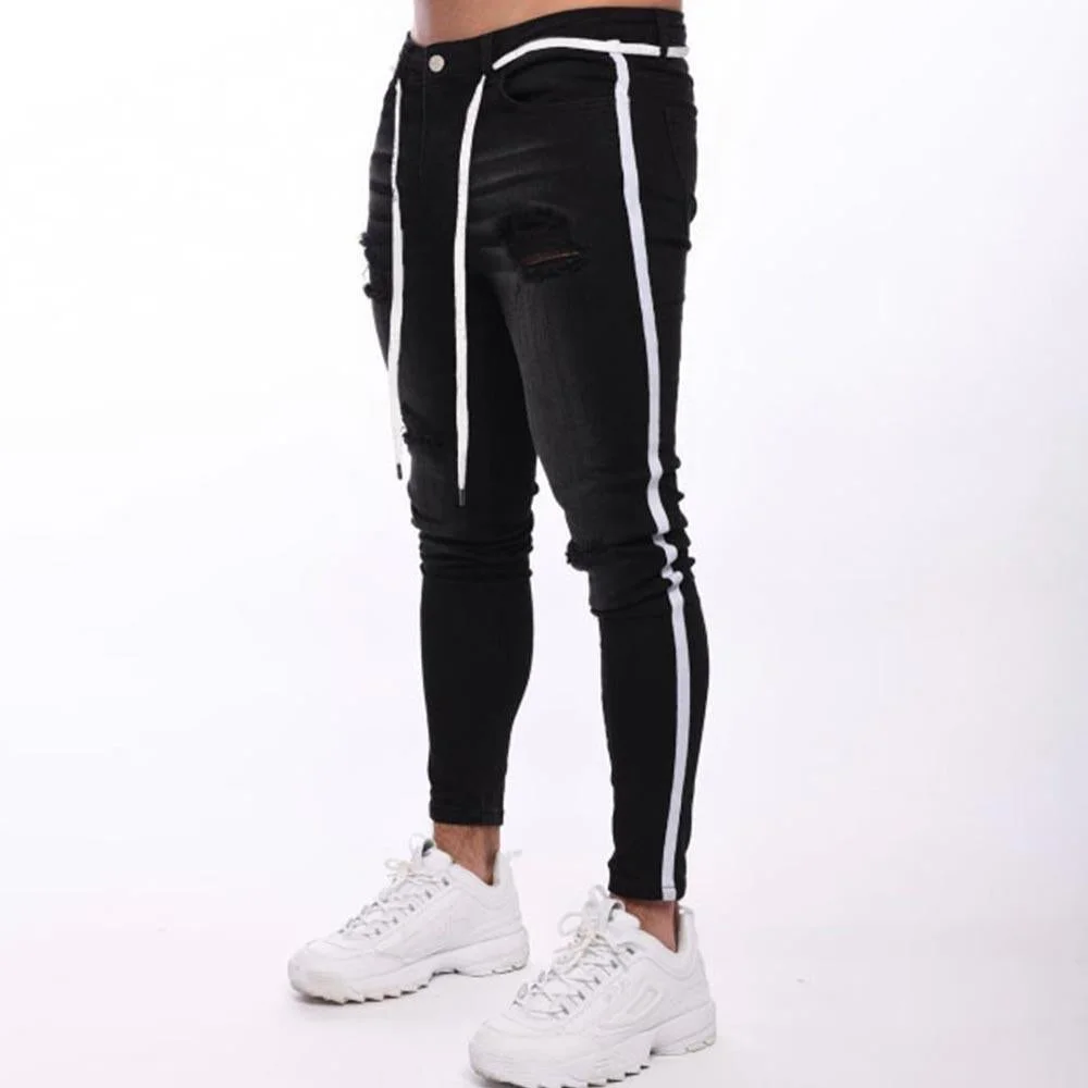 Ripped Holes Side Stripe Jeans