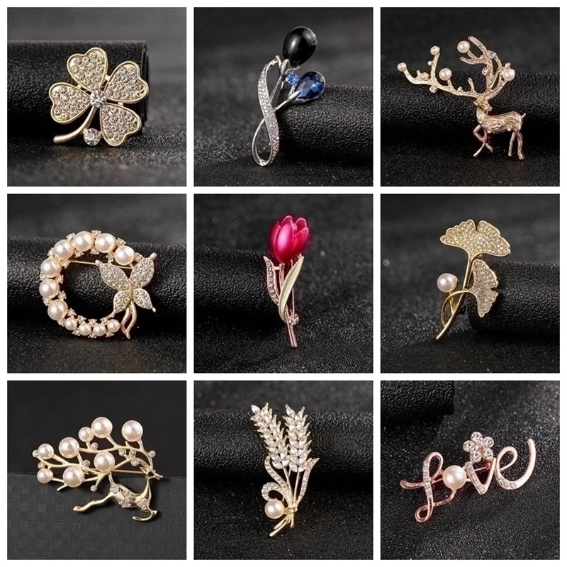 Fashion Pin Flower Alloy Plating Inlay Artificial Gemstones Pearl Women’S Brooches