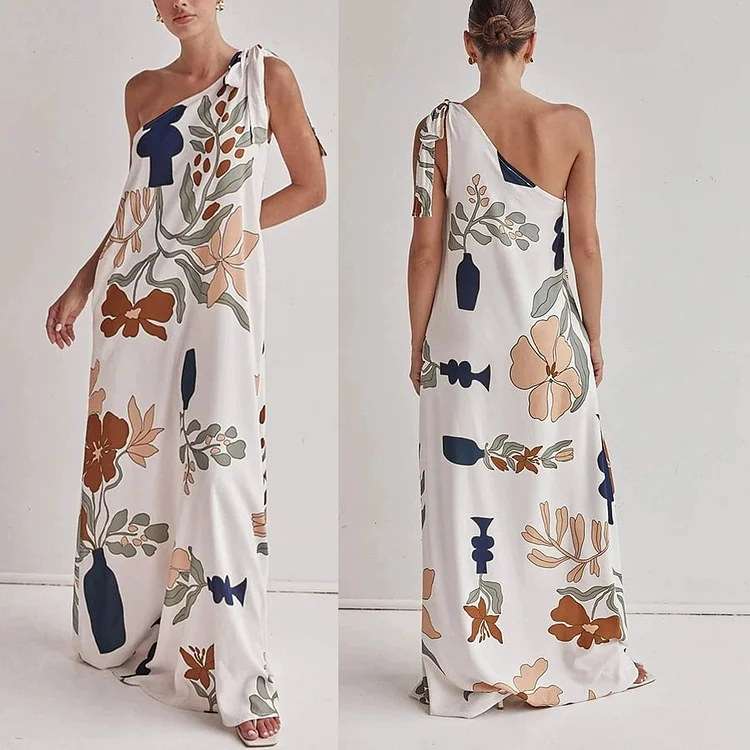 Printed One-Shoulder Maxi Dress