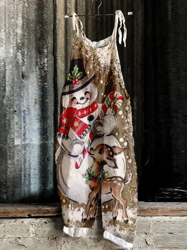 Women's Cute Print Linen Blend Casual Jumpsuit