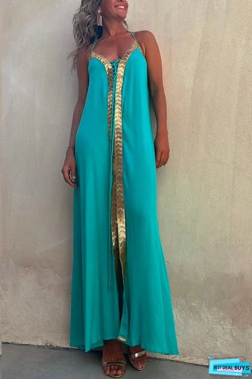 Meridress V Neck Backless Sequin Detailed Cami Maxi Dress