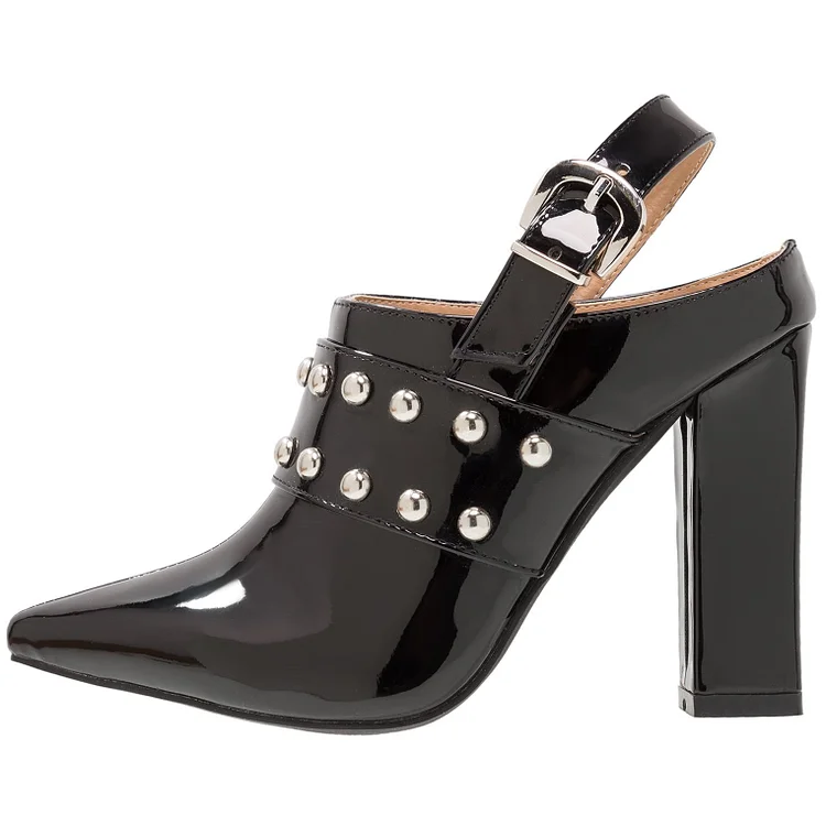 Black Buckle Chunky Heels Pointy Toe Slingback Heels Summer Boots |FSJ Shoes