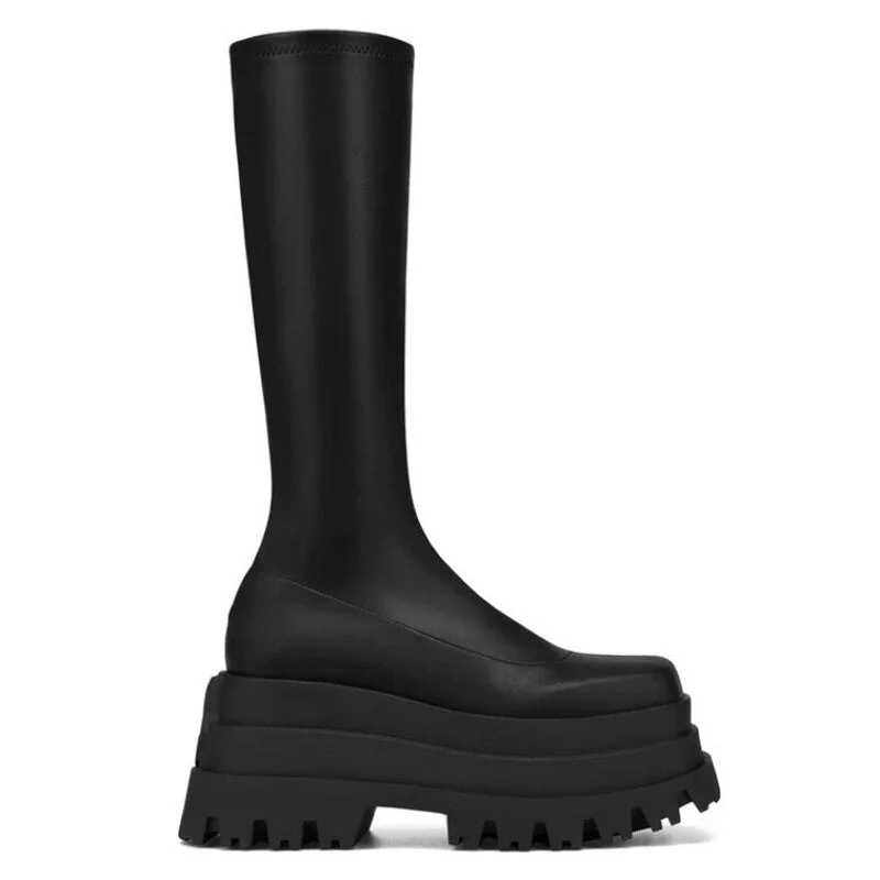Black Friday Sales 2022 Autumn And Winter New Square Head Thick Heel High Heel Waterproof Platform Stretch Leather Large Size Patent Leather Boots
