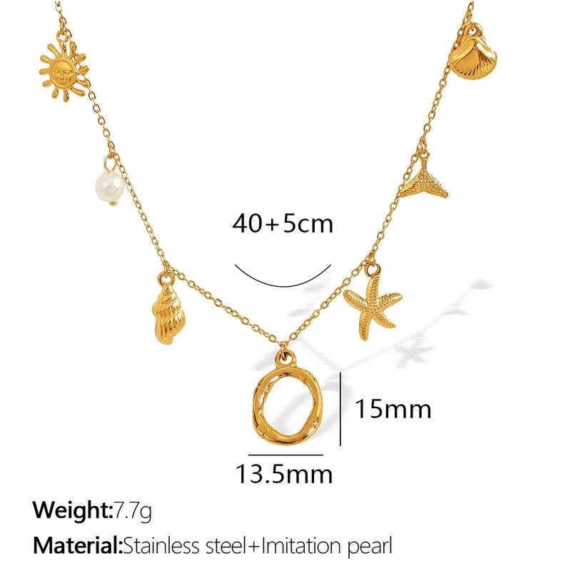 Beach Starfish 304 Stainless Steel Artificial Pearls 18K Gold Plated Polishing Inlay Pendant Necklace