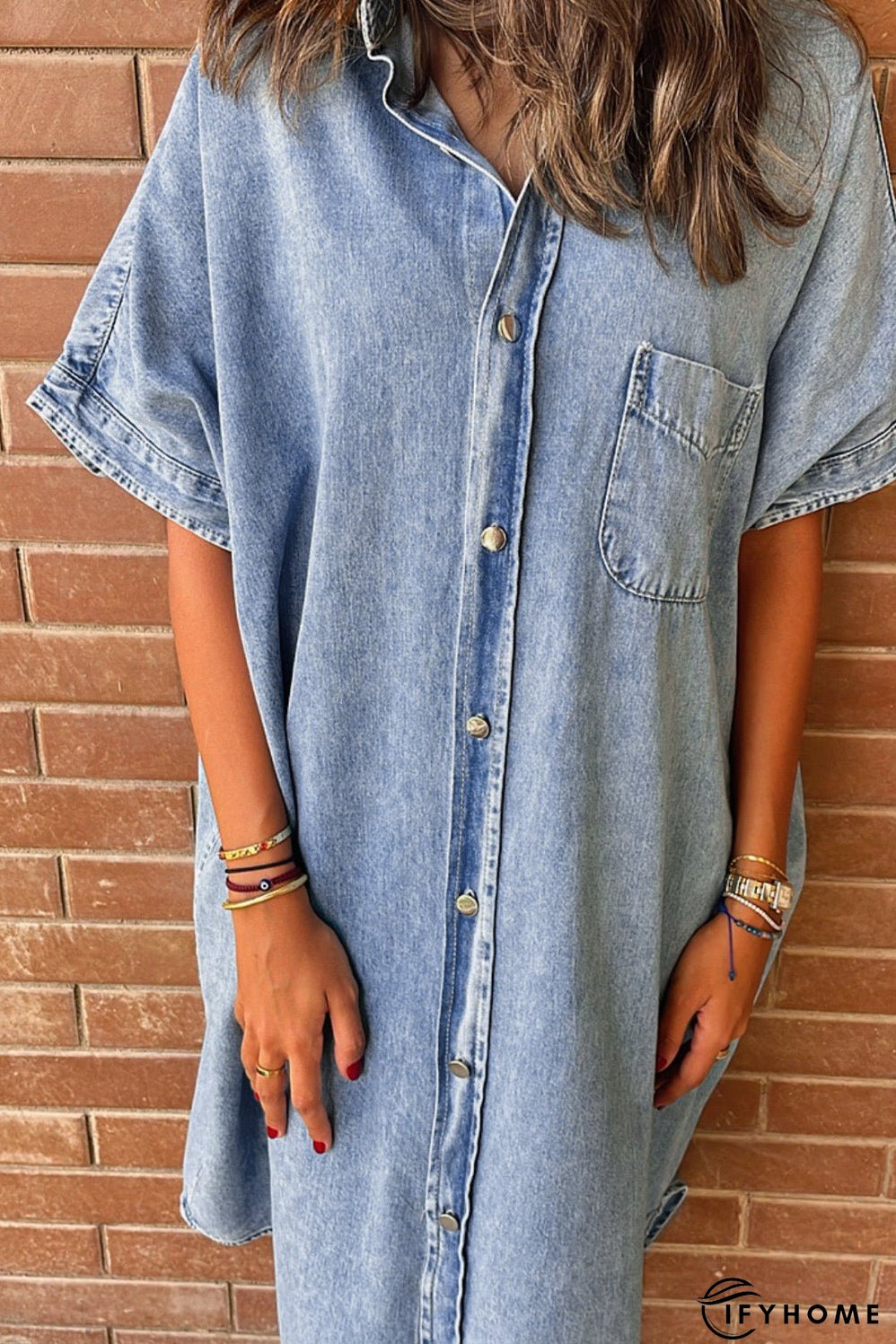 Denim Shirt Dress with Button Pockets | IFYHOME