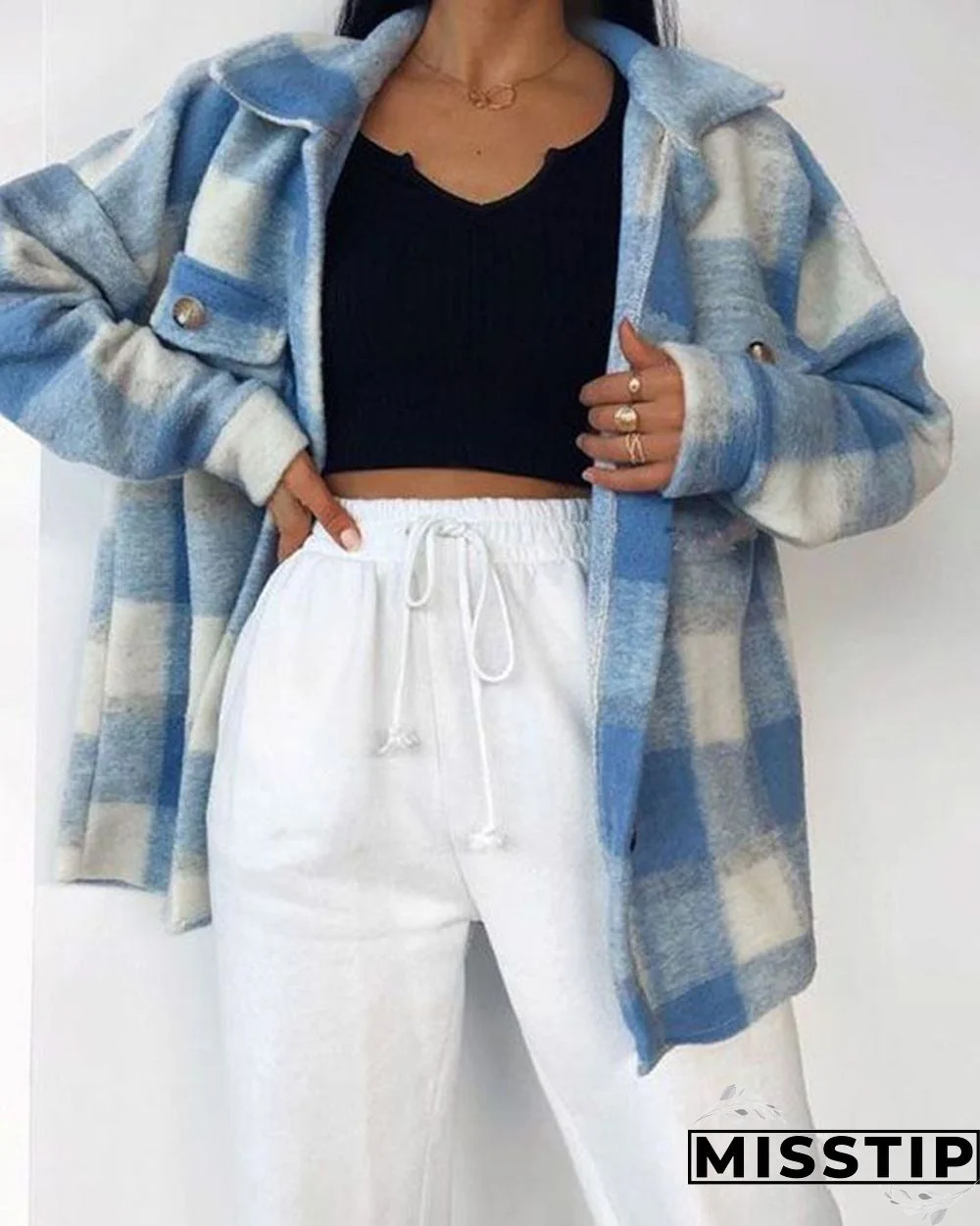 Classic Thick Colorblock Checked Button Down Shirt Jacket Woolen