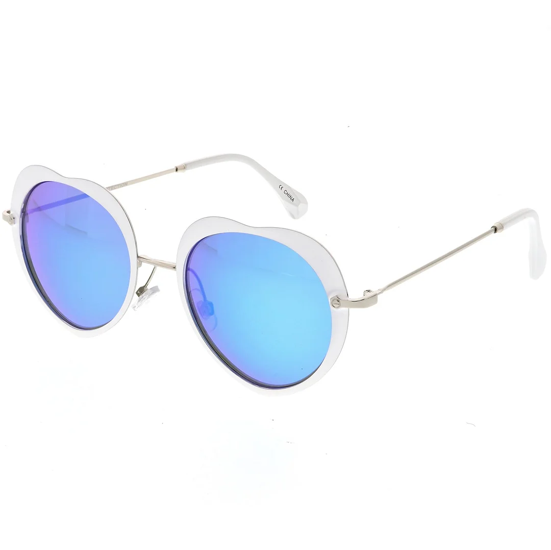 Women's Unique Heart glasses Thin Metal Arms Round Color Mirrored Lens 54mm