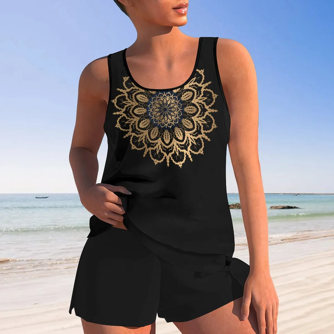 Women plus size clothing Bowknot Floral,Gloden,Black,Mandala Mid Waisted Tankini Set - Plus Size Available-Nordswear