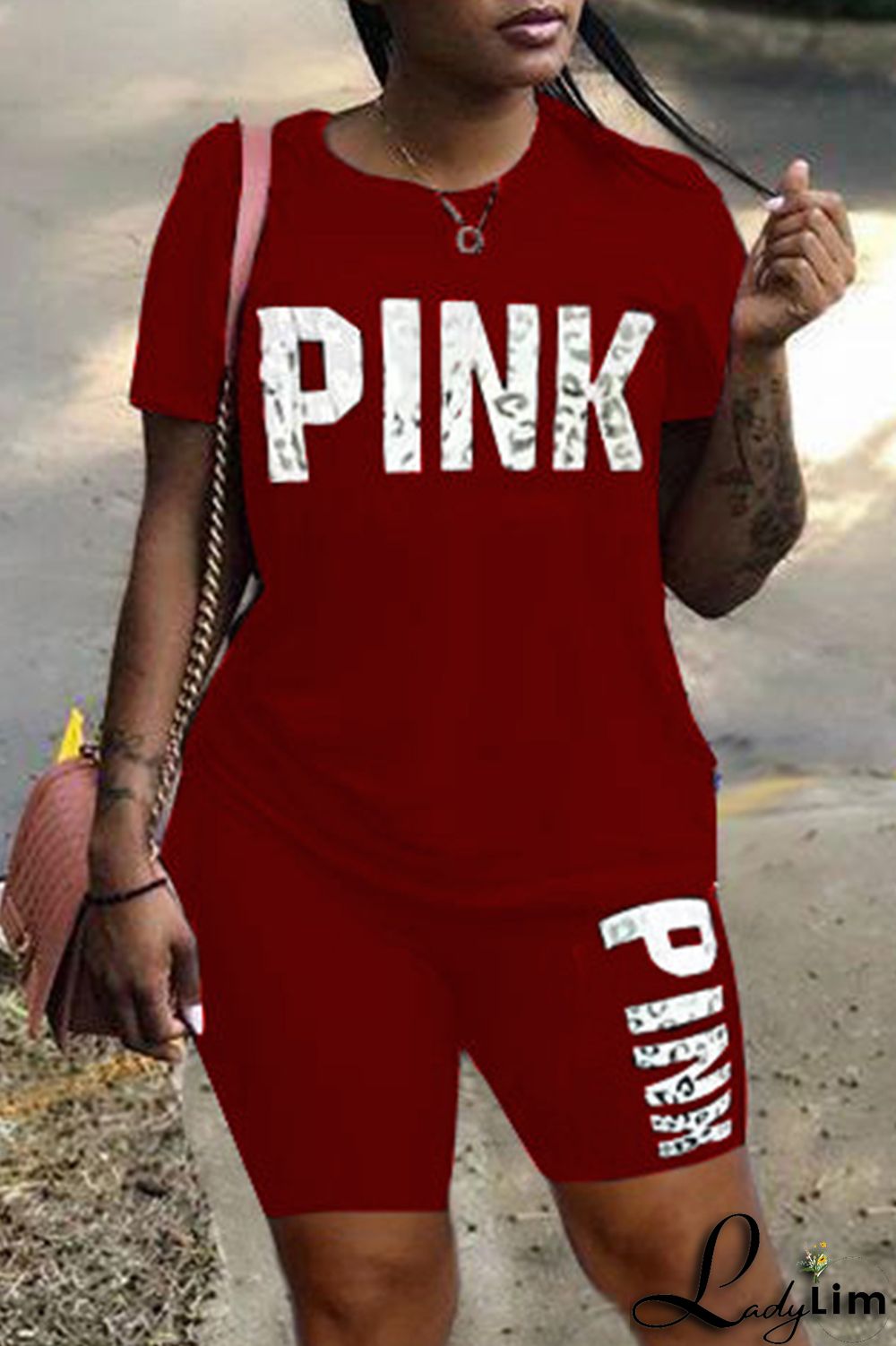 Rose Red Fashion Casual Letter Print Patchwork O Neck Short Sleeve Plus Size Two Pieces