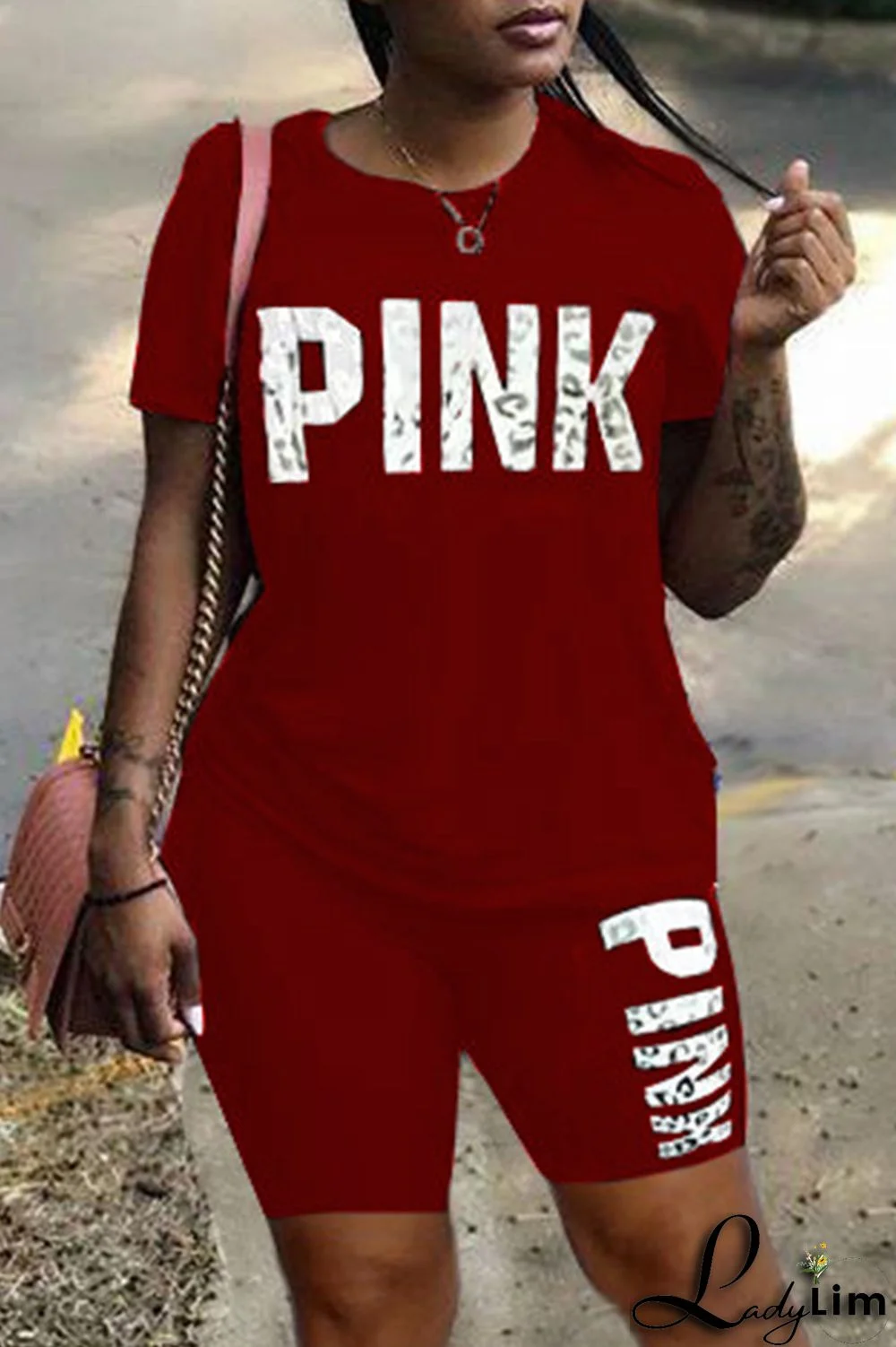 Rose Red Fashion Casual Letter Print Patchwork O Neck Short Sleeve Plus Size Two Pieces