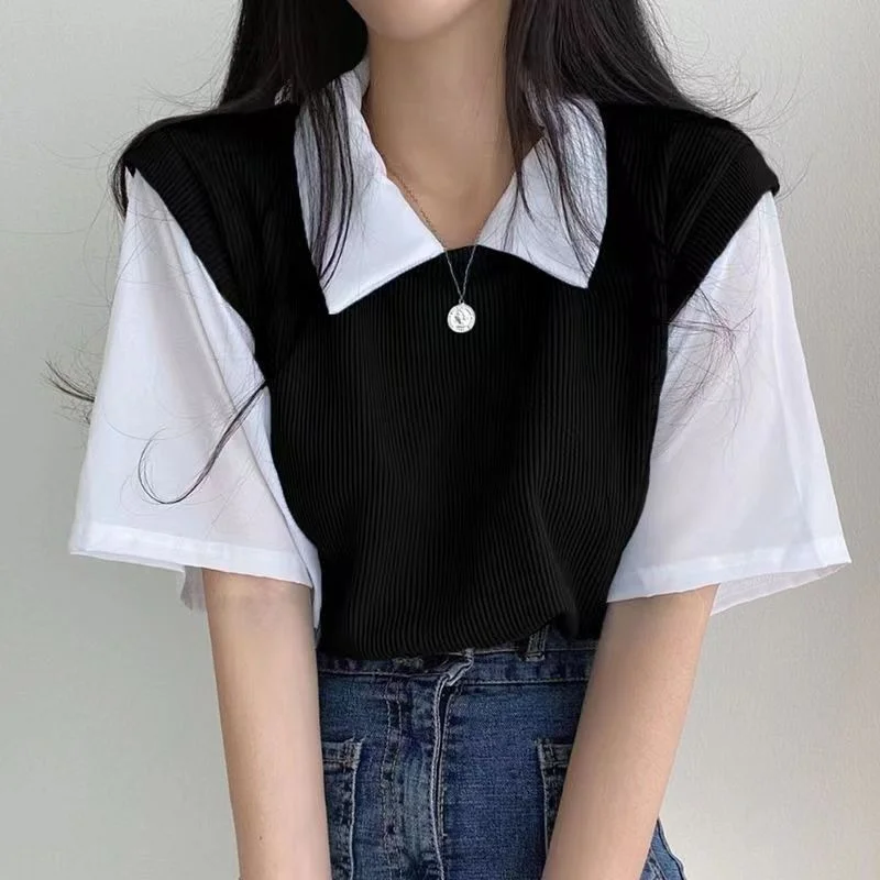 Uveng Uveng Summer Polo Lapel Fake Two College Wind Contrast Color Short-Sleeved T-Shirt Women's Loose Casual Versatile Top Ins