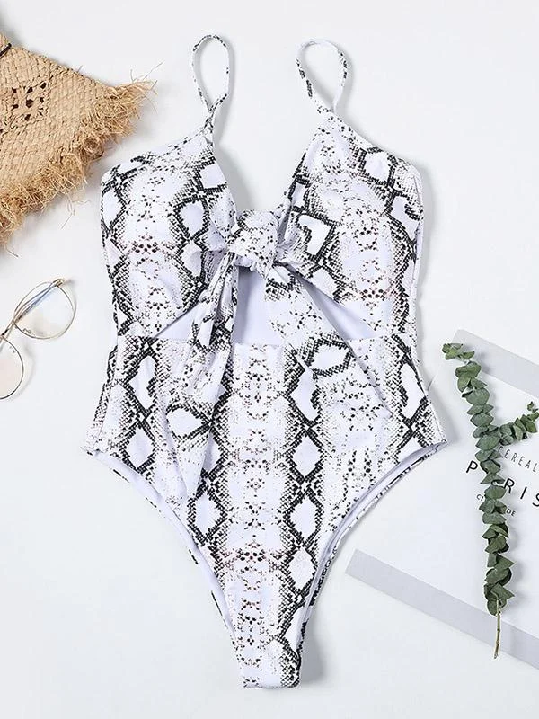 Snake-Print Knotted Hollow One-Piece Swimwear