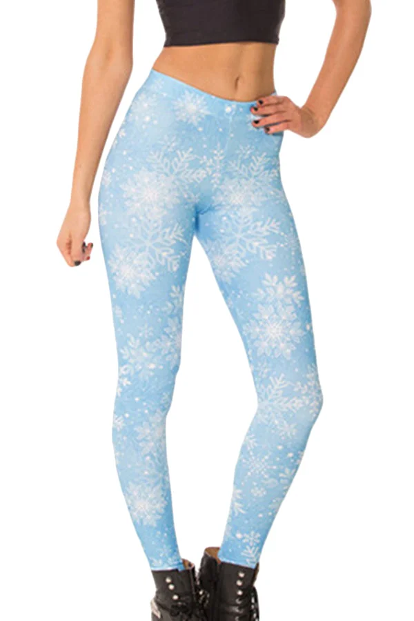 Blue Ladies White Snowflake Printed Christmas Designer Leggings-elleschic