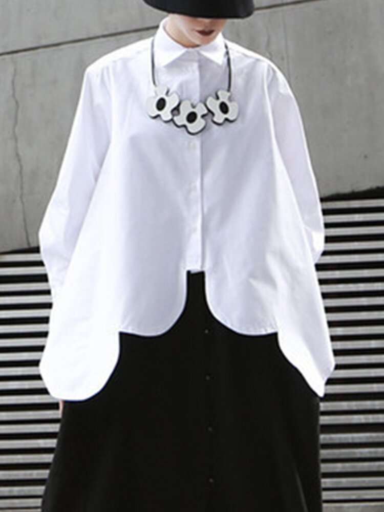 Asymmetrical Hem Solid Color Long Sleeve Shirt For Women P1658506