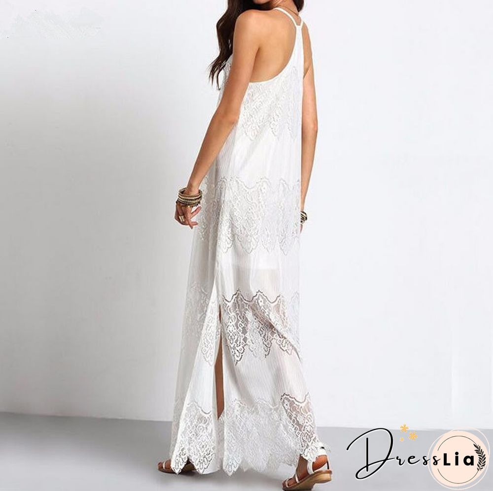 Vacation Spaghetti Strap Mesh Lace Side Split Maxi Beach Dresses Cover Ups