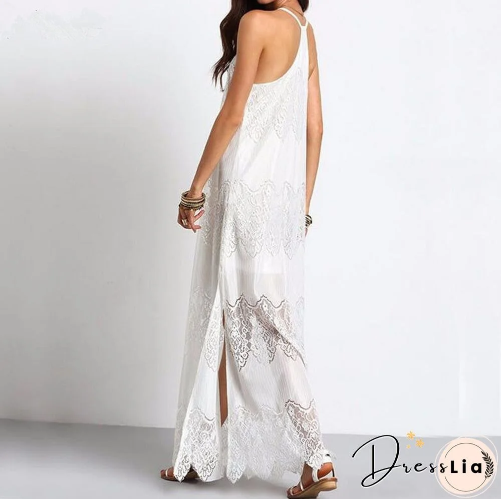 Vacation Spaghetti Strap Mesh Lace Side Split Maxi Beach Dresses Cover Ups