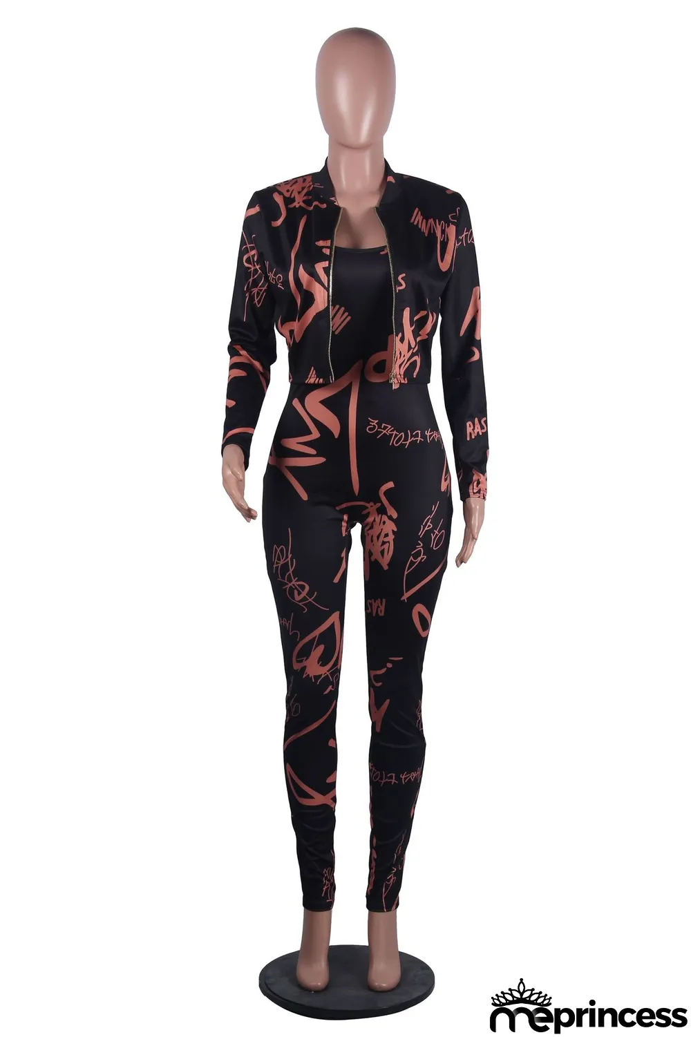 Trendy Printing Casual Two-piece Jacket + Jumpsuit