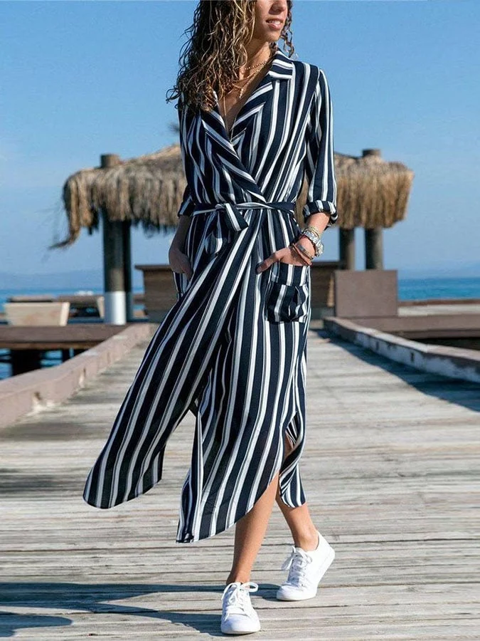 Womens Casual Lapel Long Sleeve Striped Print Contrast Dress 