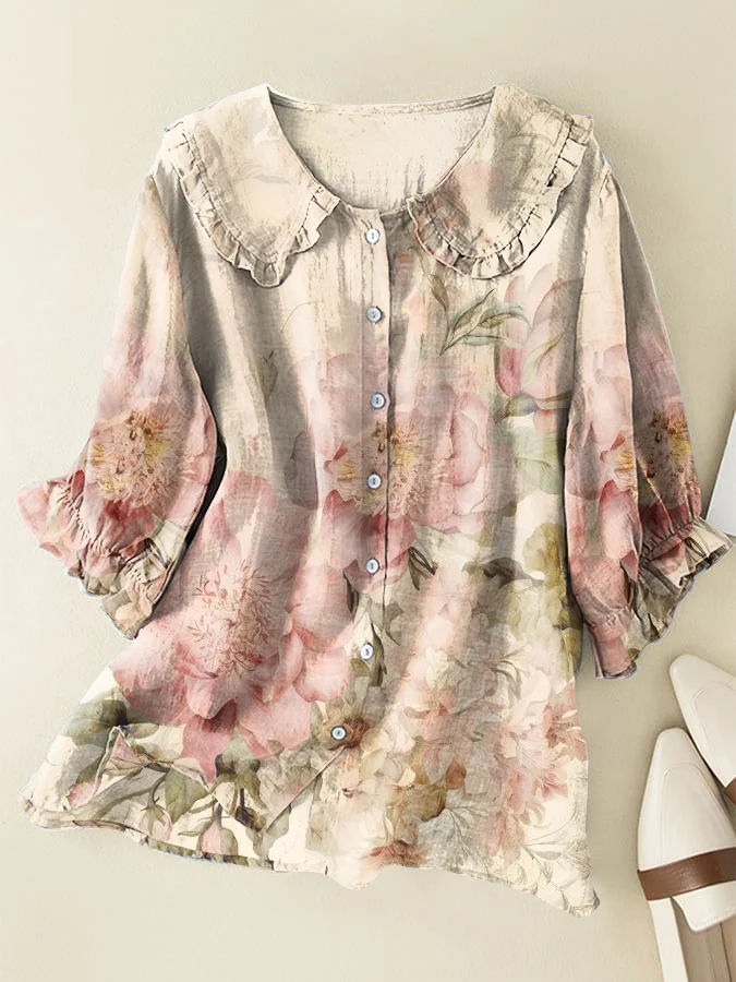 Vintage Floral Cotton and Linen Loose Peter Pan Ruffle Collar Shirt