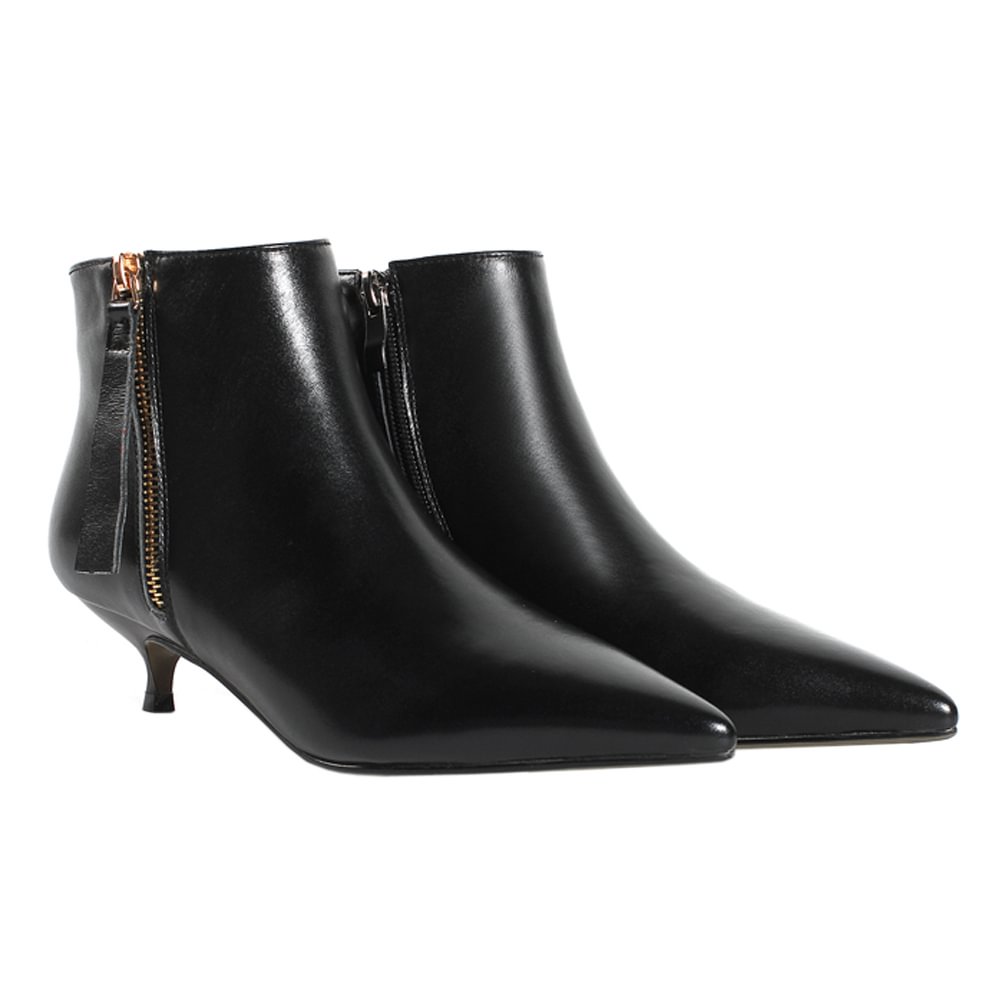 4cm Zipper Leather Kitten Heels Ankle Boots Black-vocosishoes
