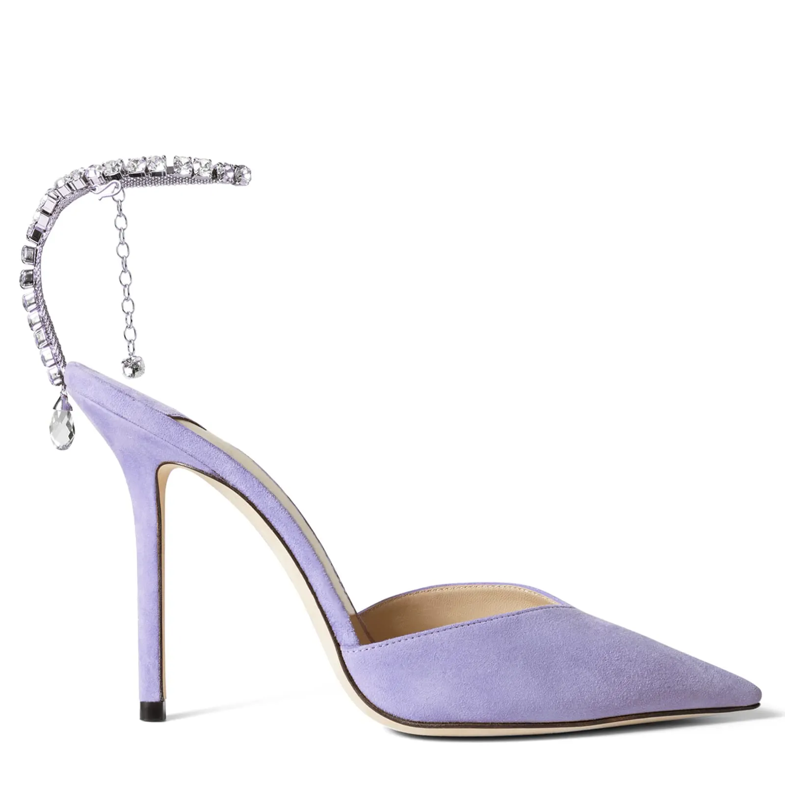 100mm Women's Sandals Crystal Chain Rhinestone Embellished Strap Suede Pumps Pointy Stilettos Backless Shoes-vocosishoes