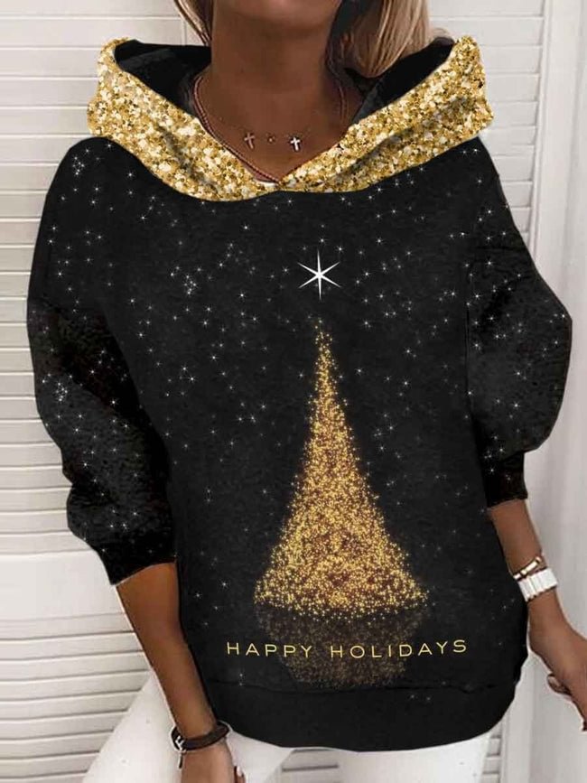Happy Holidays Christmas Tree Printed Women's Casual Hoodie