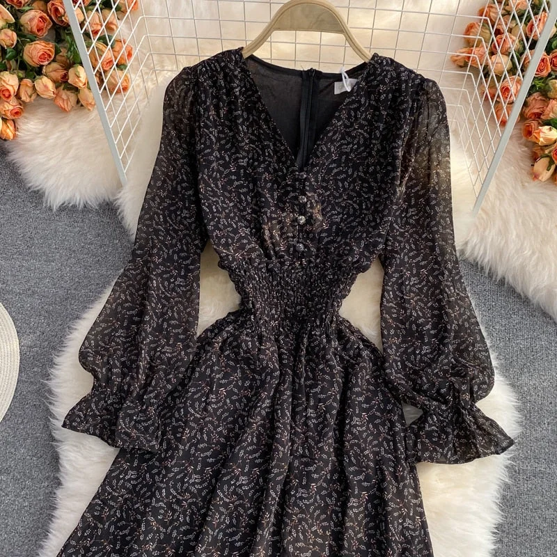 FTLZZ New Summer Casual Ciffon Single Breasted Puff Sleeve Women mid-Calf Dresses A Line V Neck Solid Slim Lady Full Dress