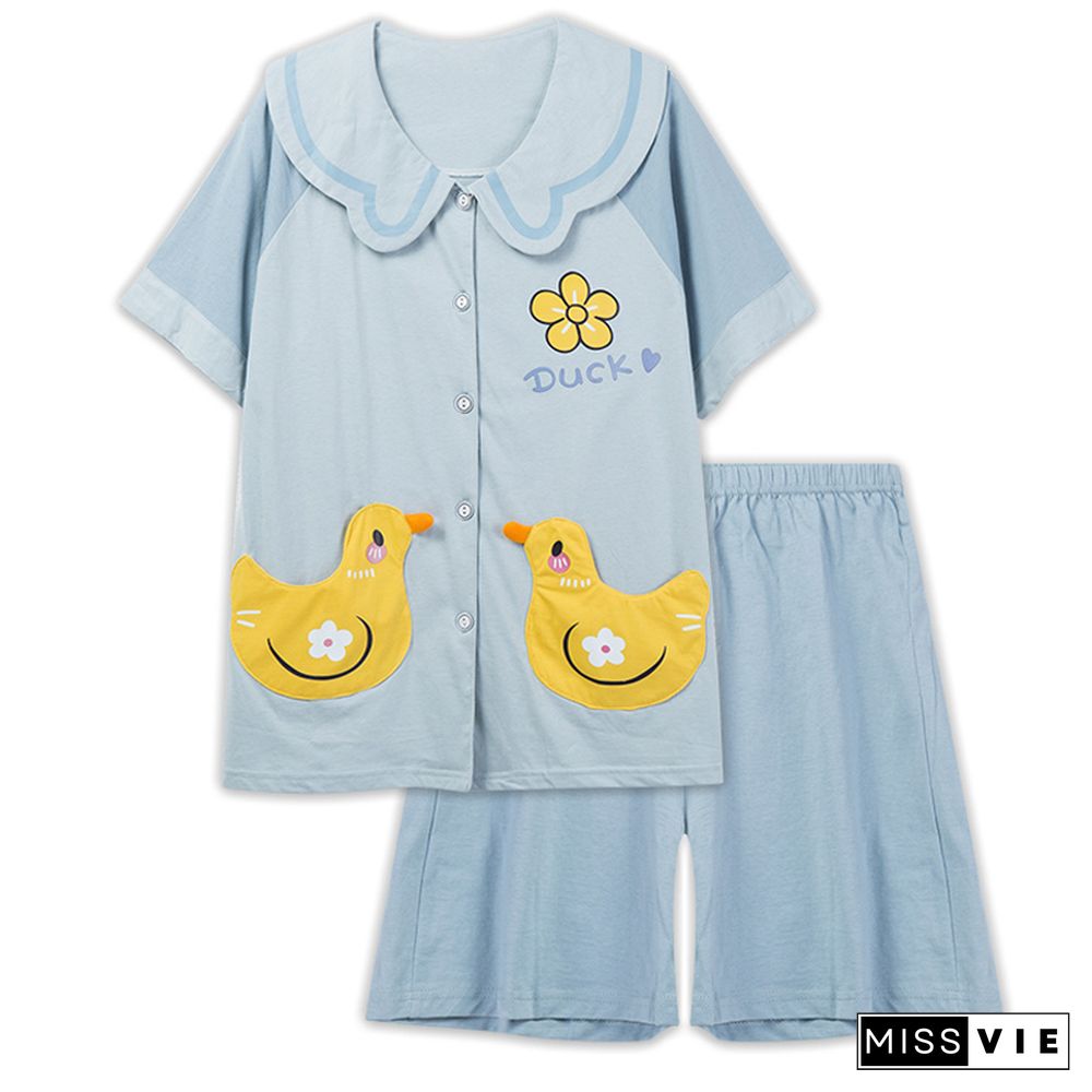 Cartoon Animal Fruit Print Cotton Pocket Pajamas Set