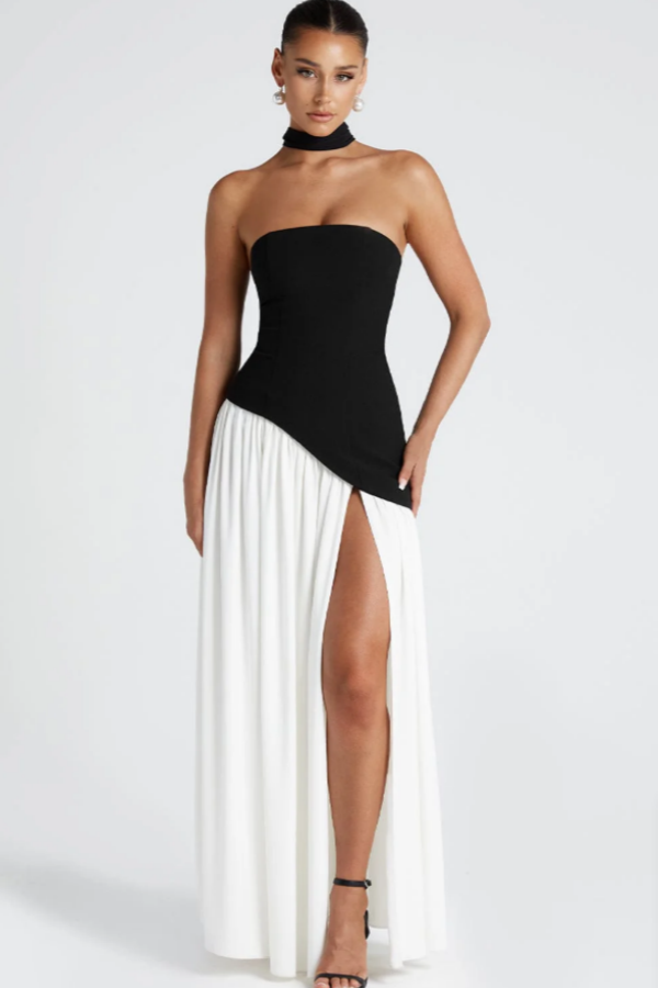 Black And White Splicing Split Prom Dress With Scarf ZT0643
