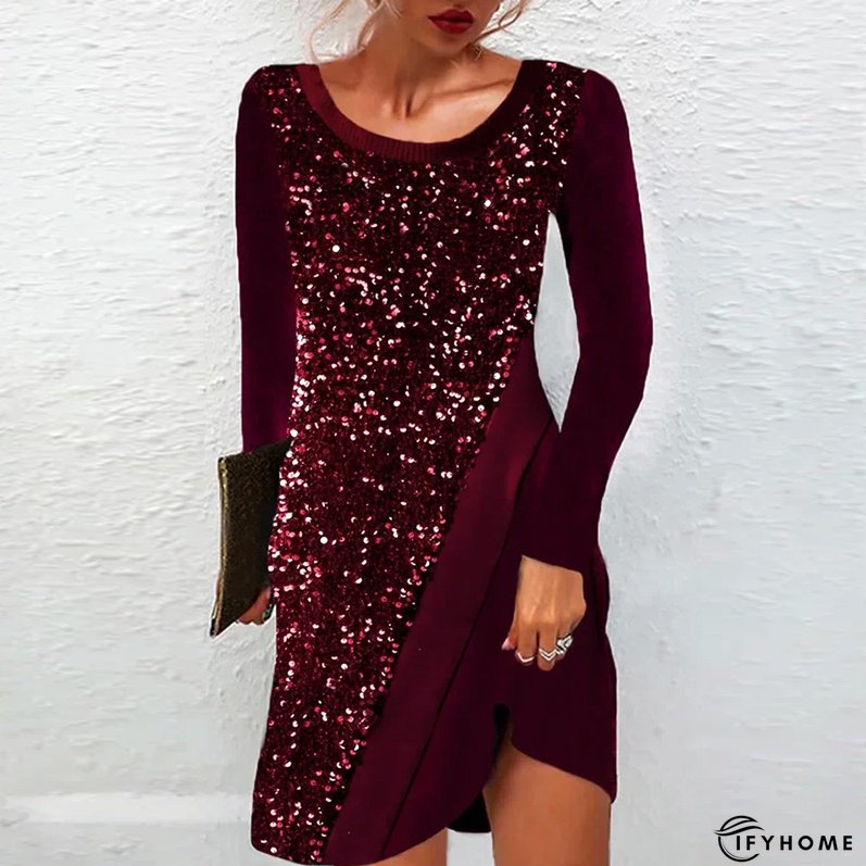 Women's Sequin Spliced Long Sleeve Elegant Round Neck Party A-Line Dress | IFYHOME