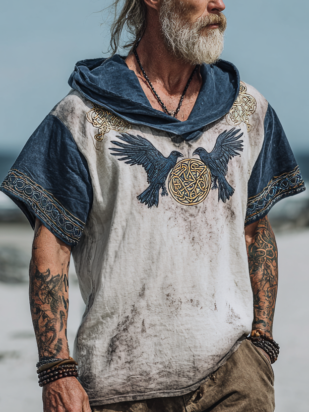 Men's Viking Inspired Golden Two-Tone Raven Rune Short Sleeve Hoodie / Rvogue / Rvogue