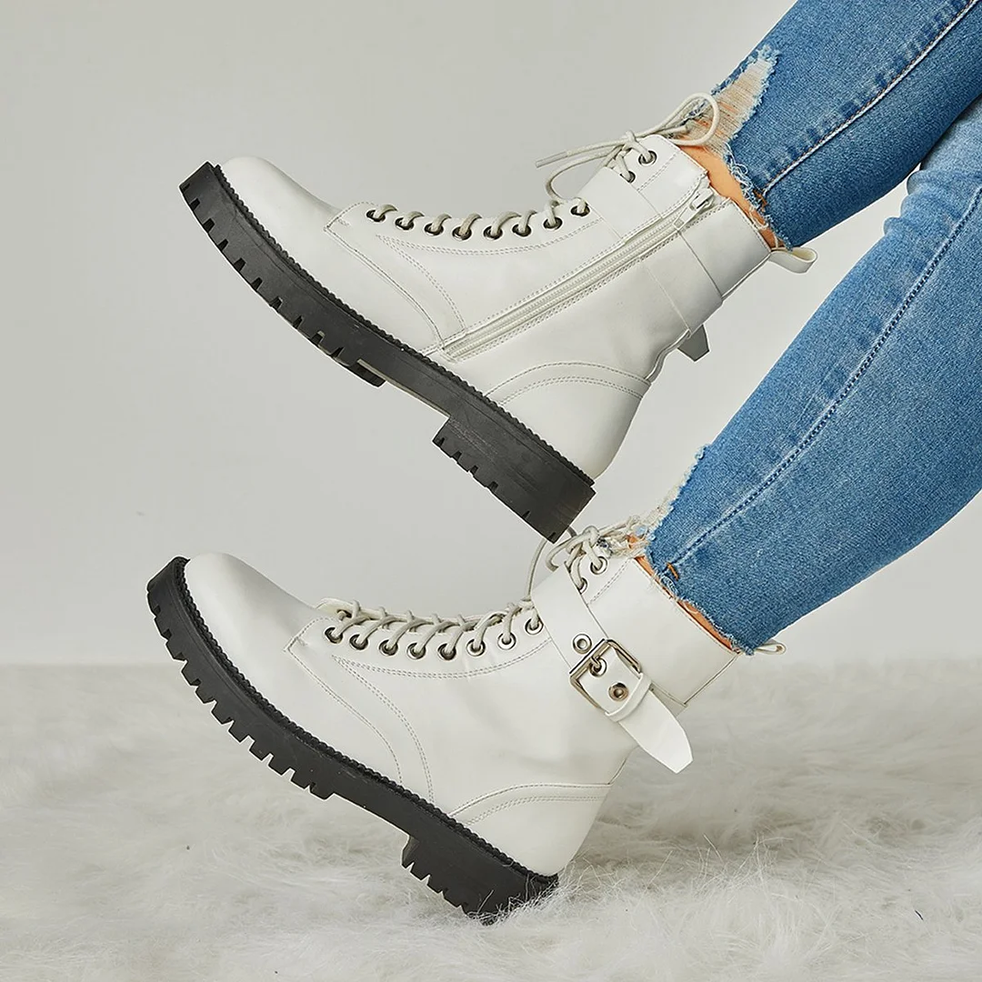 Women's Fashion Buckle Combat Leather Boots
