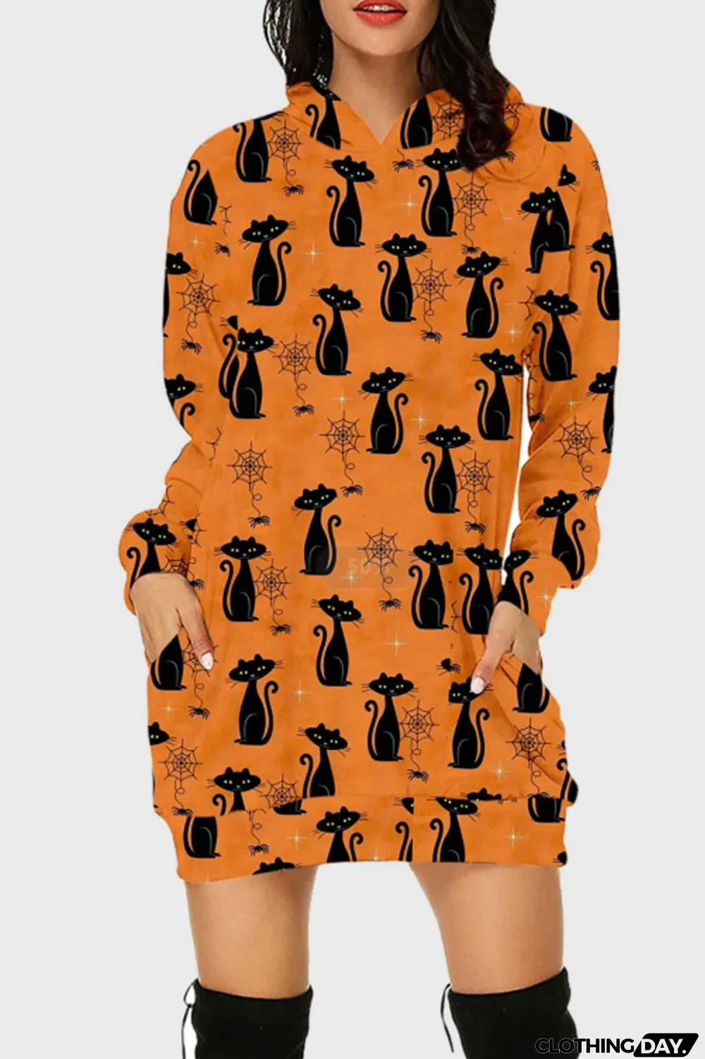 Black Street Print Split Joint Hooded Collar Long Sleeve Dresses