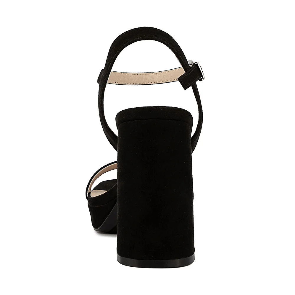 Black Vegan Suede Buckle Ankle Strap Platform Women Sandals