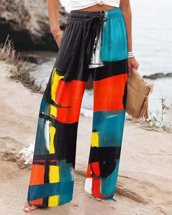 Vintage Abstract Art Print Loose Wide Leg Pants