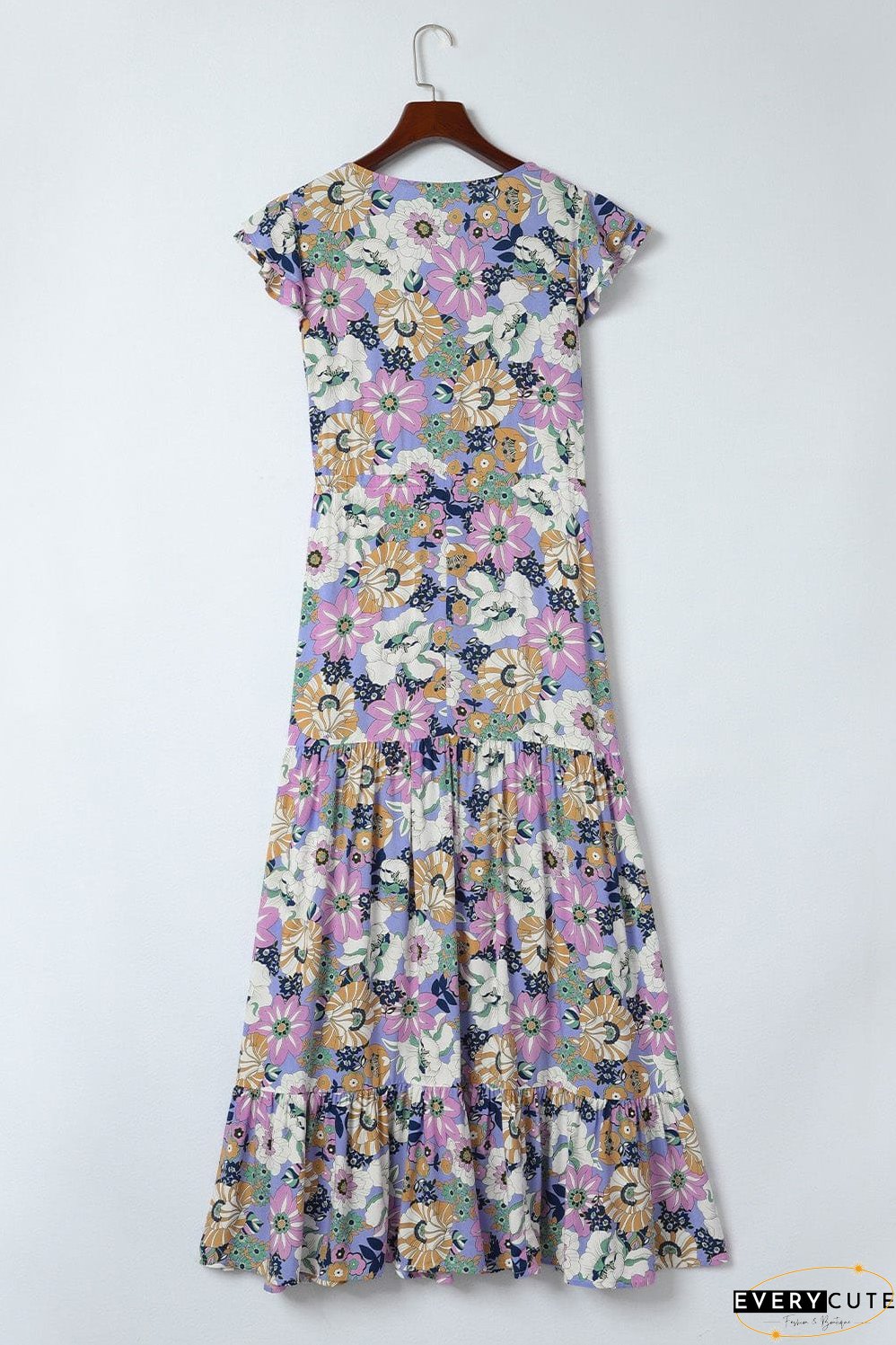 Purple Maxi Bohemian Floral Dress with Layered Ruffle Sleeves
