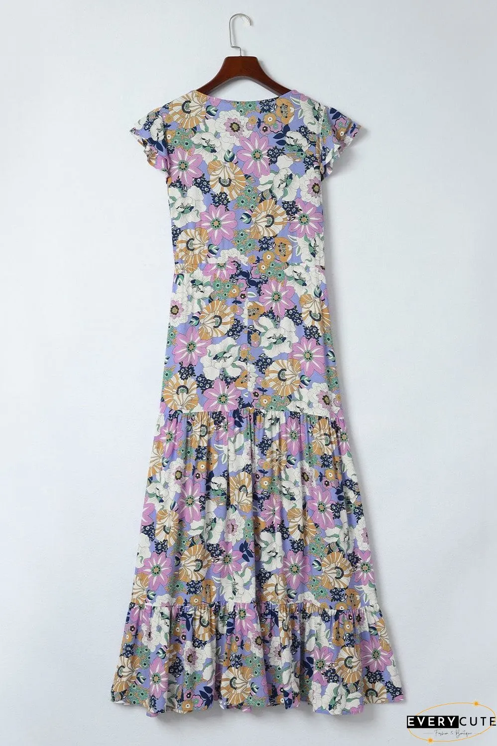 Purple Maxi Bohemian Floral Dress with Layered Ruffle Sleeves