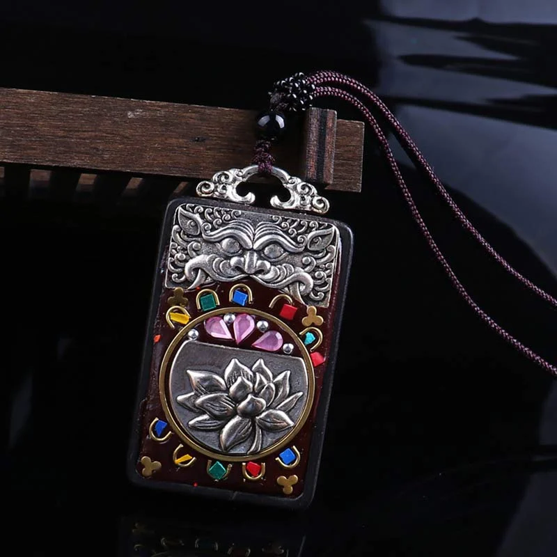 Ebony Wood Elephant Lotus Balance String Necklace Pendant