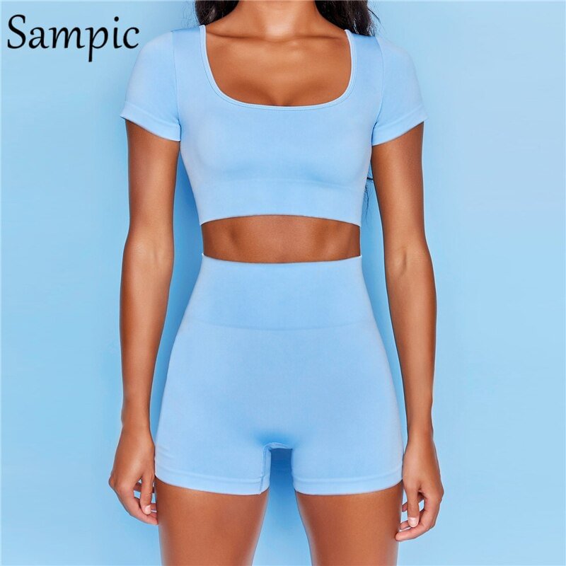 Sampic Summer 2021 Sport Women Short Sleeve Set Skinny Yellow Tracksuit Casual Tops And Biker High Waisted Shorts Two Piece Set