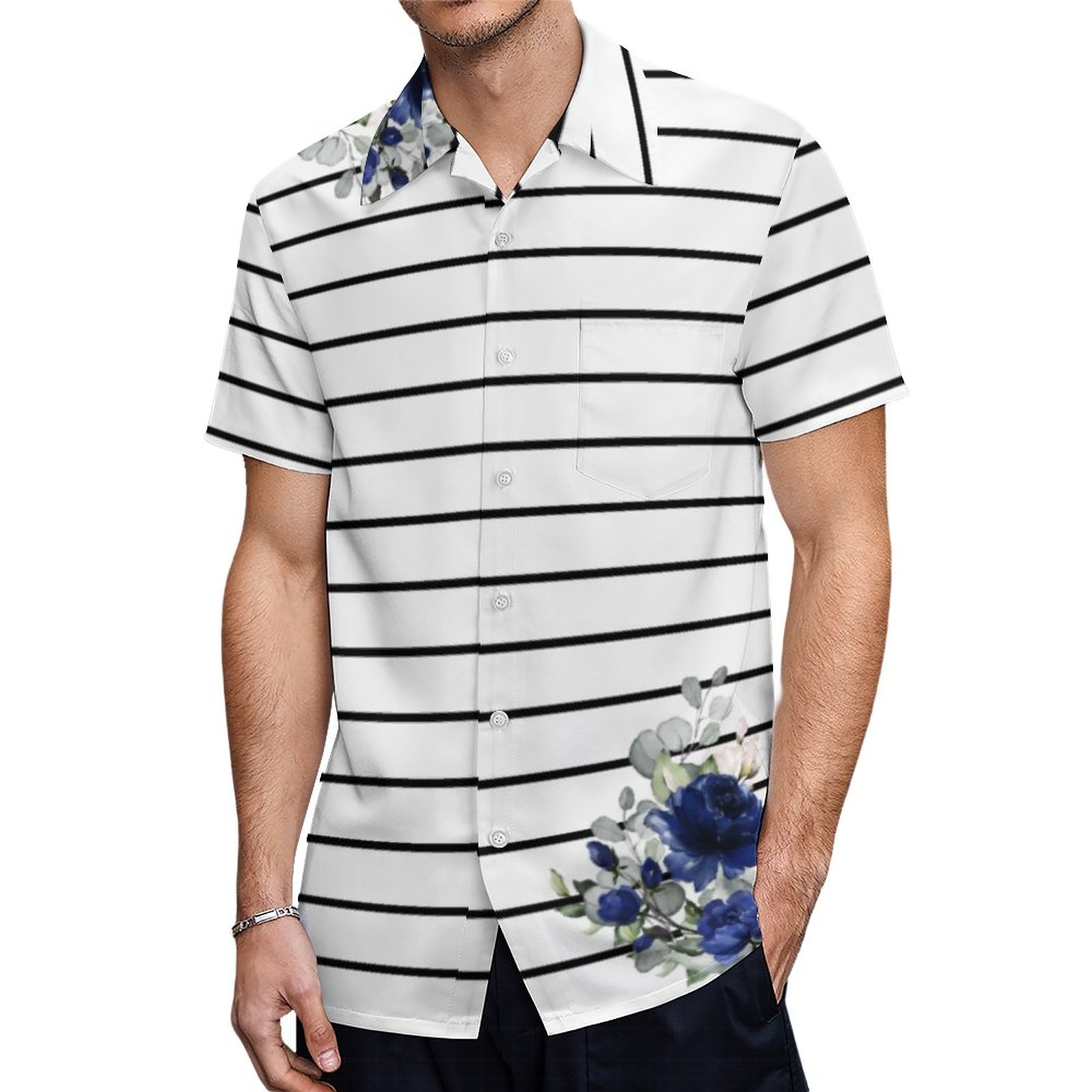 Charm Black White Stripes Navy Blue Floral Pattern Hawaiian Shirt Mens Button Down Tropical Hawaii Beach Shirts