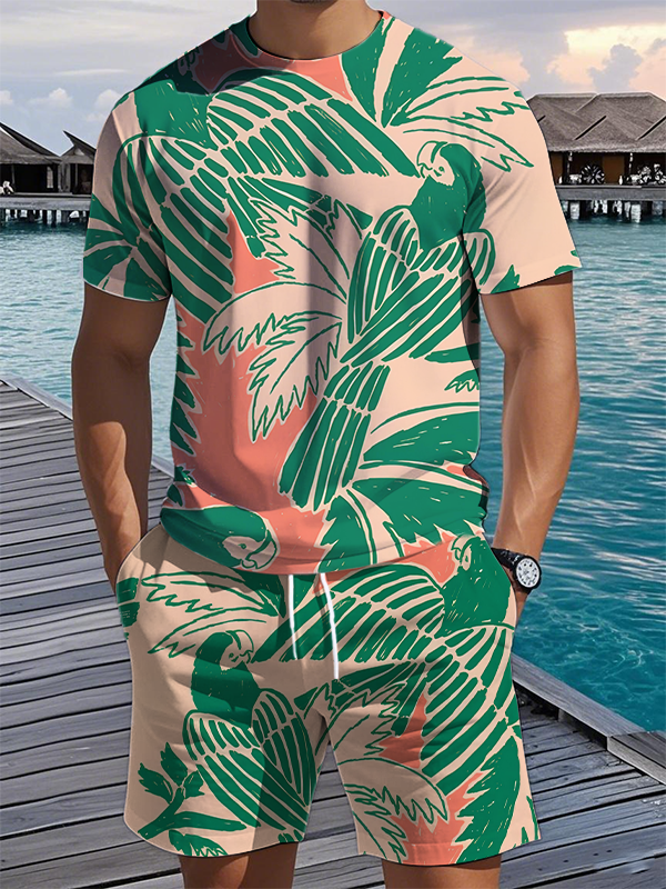 Men's Vacation Tropical Plants And Birds Print T-Shirt Shorts Set