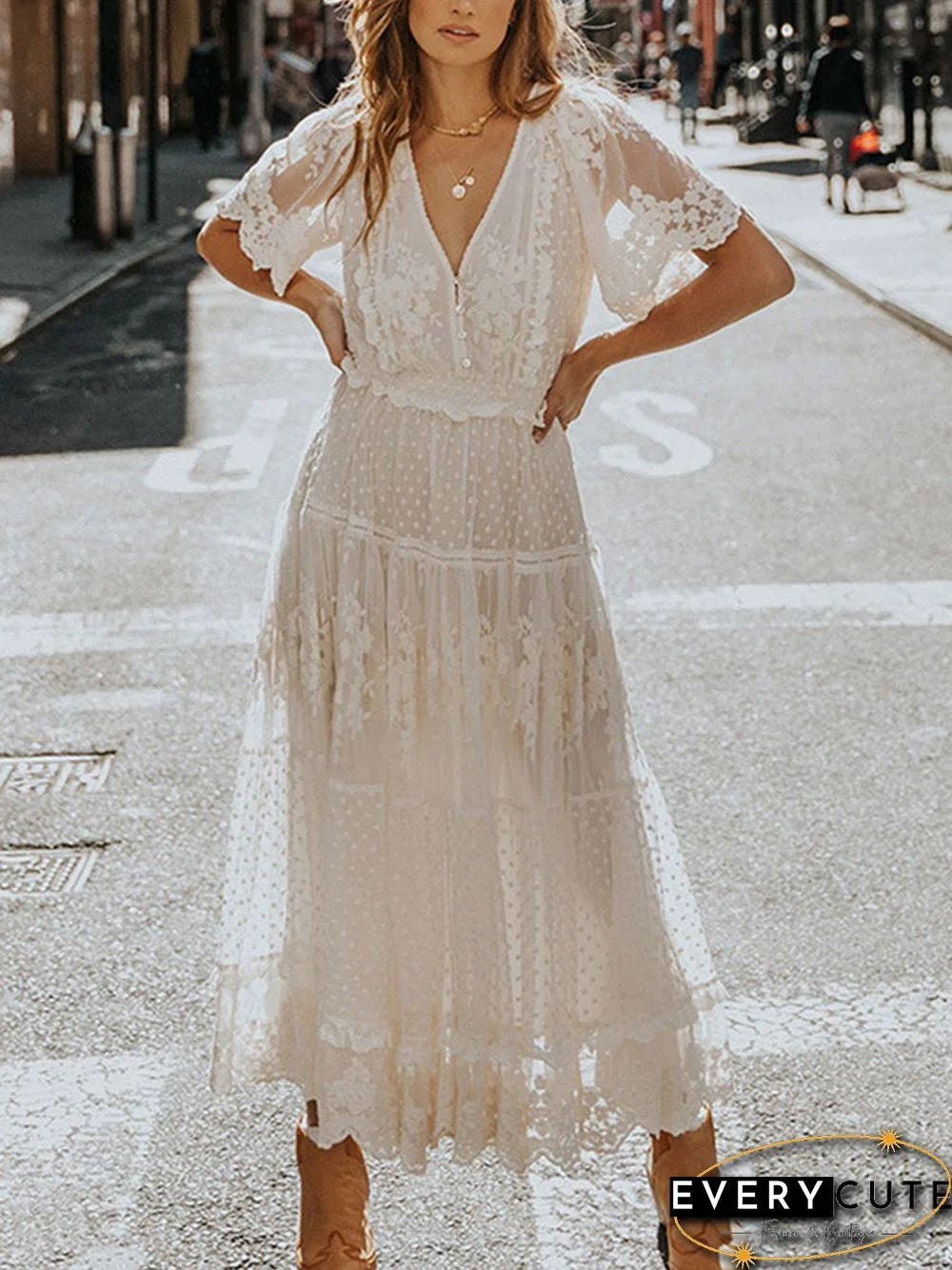 Chiffon Lace Short Sleeve Boho V Neck Maxi Dress