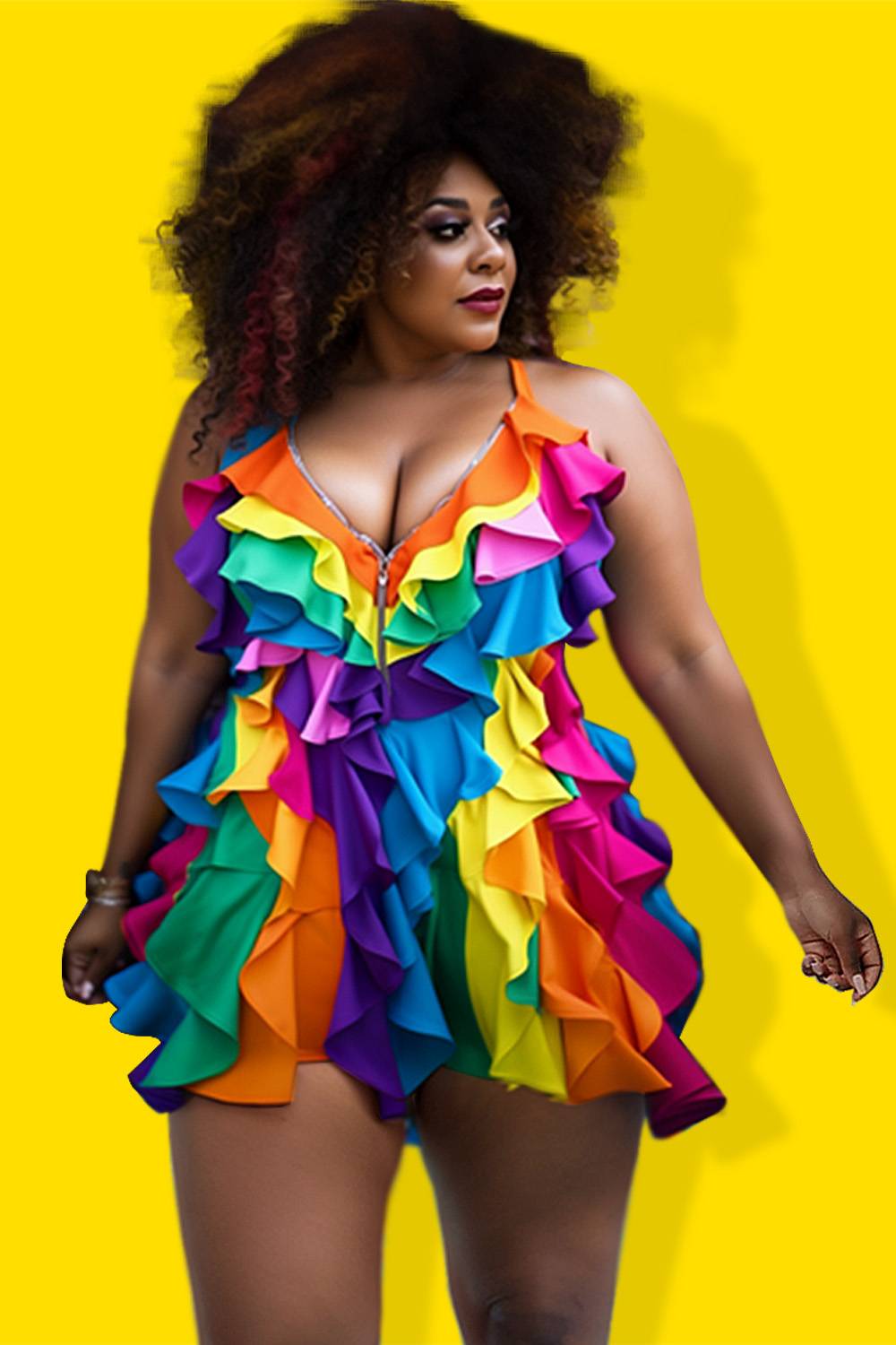 Design Plus Size Beach Rainbow Colorblock V Neck Zipper Ruffle Swimsuit Fabric Swimwear Dress [Pre-Order]